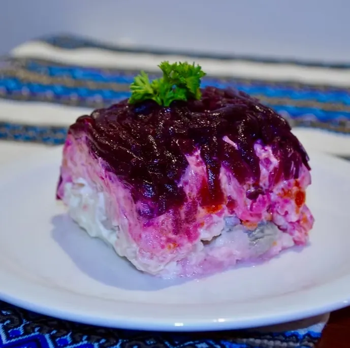 Layered Shuba salad at MLYN Ukrainian Restaurant in Winnipeg, MB